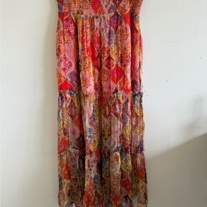 Free People Red and Orange Tiered Maxi Skirt Resort Wear